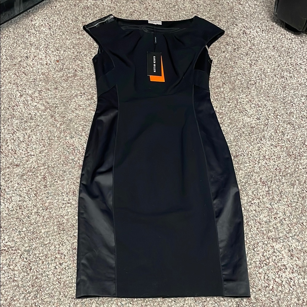 Karen Millen satin panel zip shoulder cap sleeve Black Dress- nwt